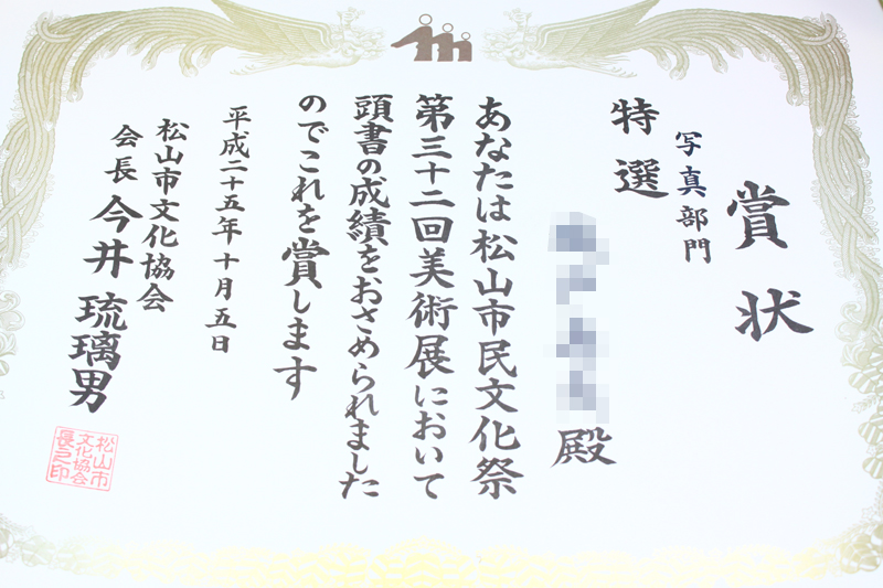 松山市民文化祭 第32回 美術展で特選を受賞の表彰状