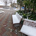 サーバルキャット舎前・ベンチ　（真冬、雪景色の愛媛県立とべ動物園　撮影2022年12月23日）