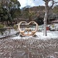 映えスポット？　木製　?ハートのベンチ　（真冬、雪景色の愛媛県立とべ動物園　撮影2022年12月23日）